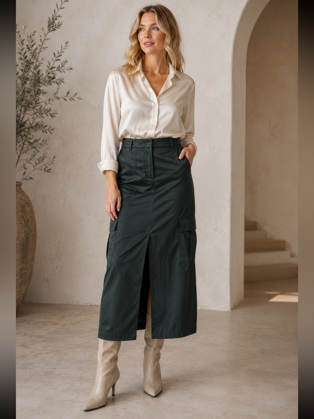 House Of Harlow Dark Green Satin Cargo Maxi/ Midi Skirt Size XS EUC